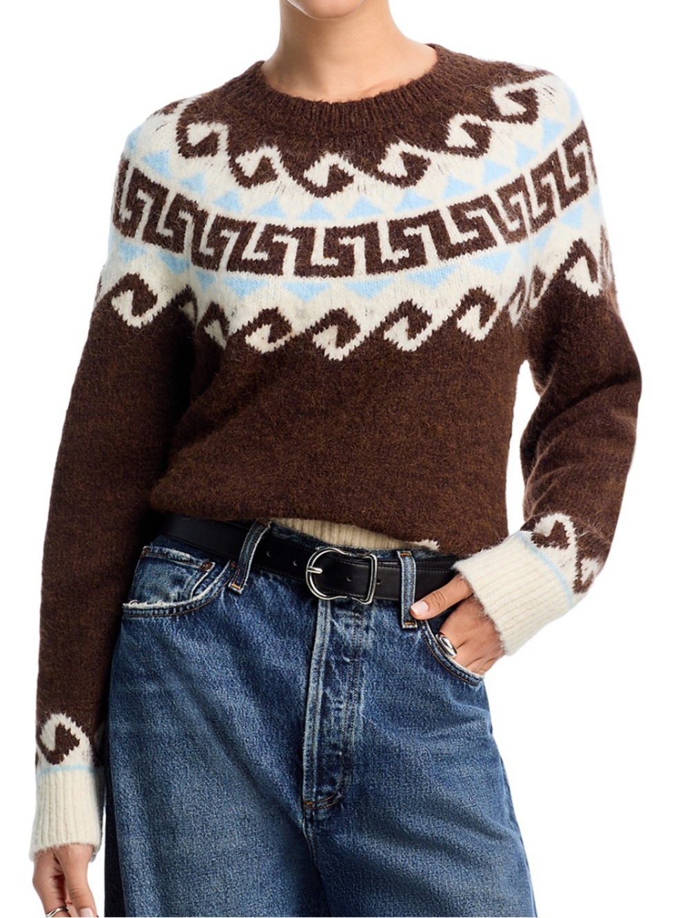 AQUA Brown Crewneck Fair Isle Sweater Size S